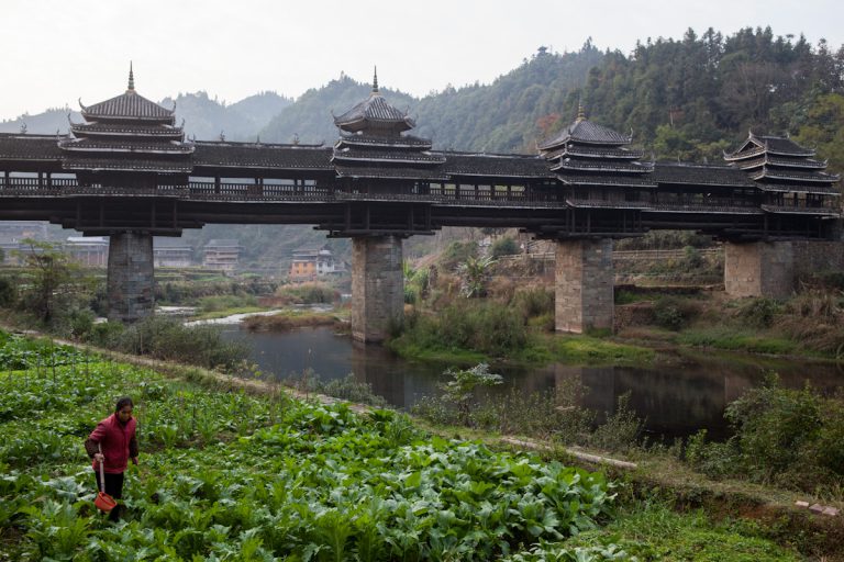 Eine Frau bewirtschaftet ihr Feld an der Yongji Wind- und Regenbrücke in Chengyang. Der Ort besteht aus insgesamt acht Dörfern, die Brücke ist über 60 Meter lang und gehört zur Architektur der Dong-Minderheit. Chengyang - Guangxi - China
