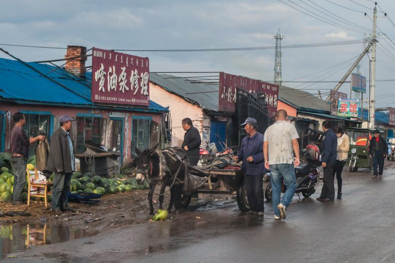 Händler verkaufen Melonen an einer Straße in Ergun, wo es zuvor noch stark geregnet hat. Die Beschriftung auf der großen Hinweistafel am Haus hinter den Händlern, ist neben chinesisch auch auf mongolisch und russisch. Ergun liegt nördlich von Hulun Buir, im äußerten Nordosten Chinas, in der Grenzregion zu Russland und der Mongolei. Ergun - Innere Mongolei - China