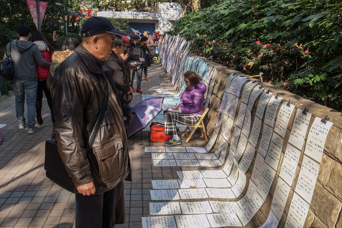 Jeden Sonnabend ist Heiratsmarkt in einem Park in Shanghai. Auf den Plakaten stehen Informationen von Frauen und Männern, für die jemand einen Partner sucht. Shanghai - China