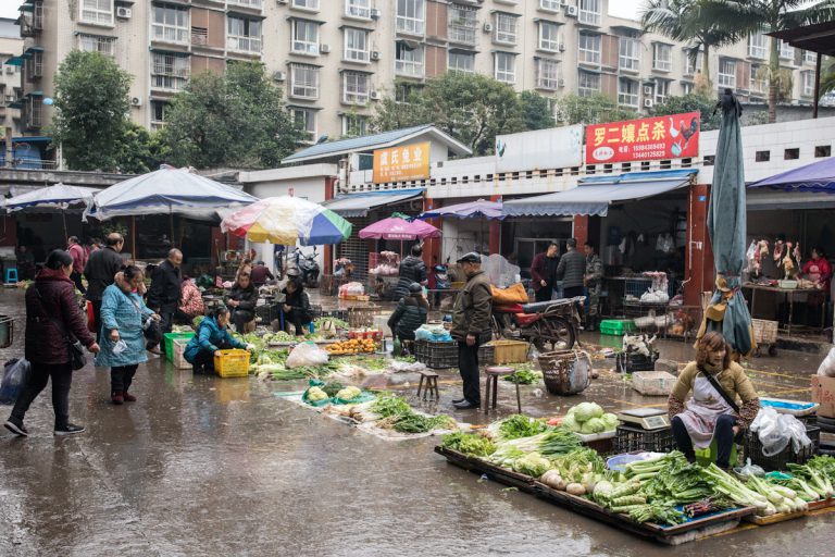 Anwohner aus den umliegenden Dörfern von Qianwei verkaufen Gemüse auf dem Markt. Qianwei - Sichuan - China